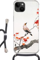 Geschikt voorApple Iphone 14 - Crossbody Case - Japanse esdoorn - Scandinavisch - Vogel - Tak - Siliconen - Crossbody - Backcover met Koord - Telefoonhoesje met koord - Hoesje met touw