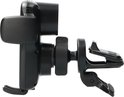 Zwarte telefoonhouder met ventilatorklem en verstelbare arm.