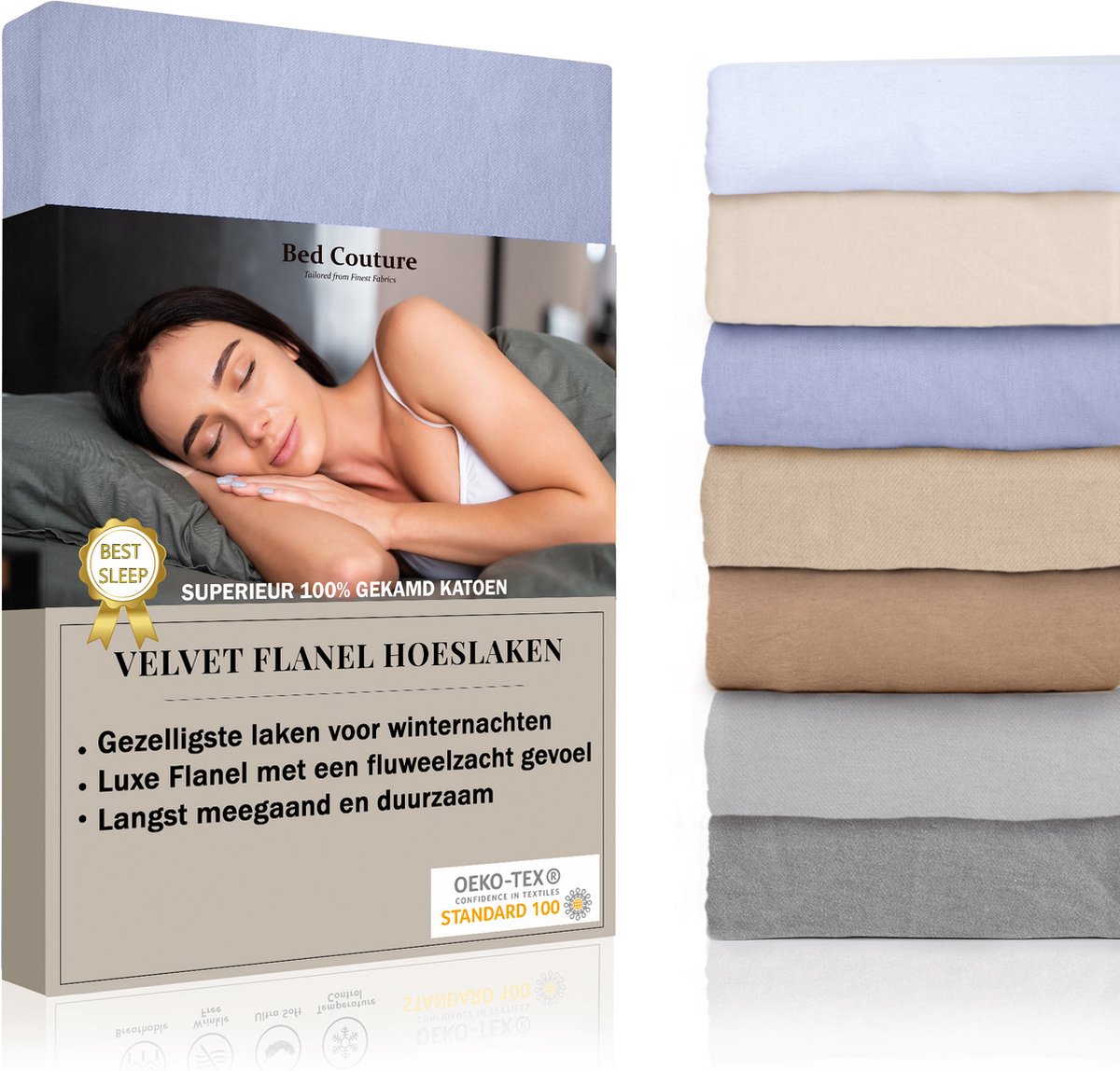 Bed Couture Velvet Flanel Hoeslaken - 100% Gekamd Katoen - Hoge Hoek 30cm - Twijfelaar 120x200 cm - Winter Blauw