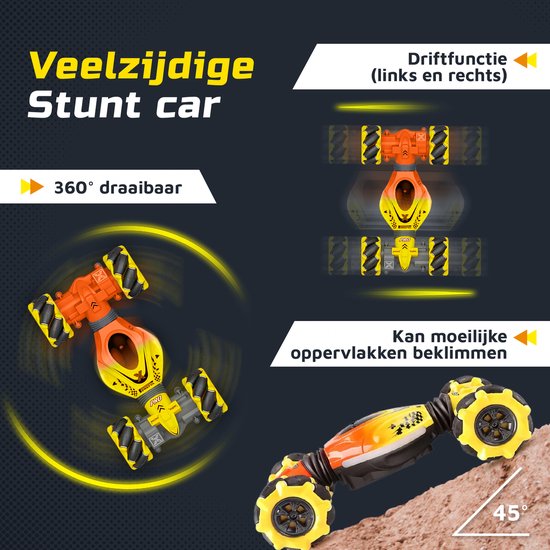 Huntex RC Stunt Car - Inclusief Extra Accu en batterijen - Radiografisch Bestuurbare Auto - Offroad - Transformerende Auto - Volwassenen en Kind - Geel/Oranje - 4wd Twist - Huntex