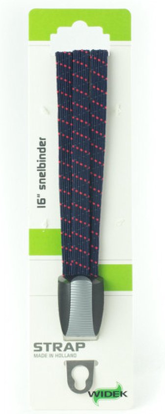 Donkerblauwe snelbinder met rode stippen, 16 inch, verpakt in karton met groene en witte accenten. "STRAP MADE IN HOLLAND WIDEK".