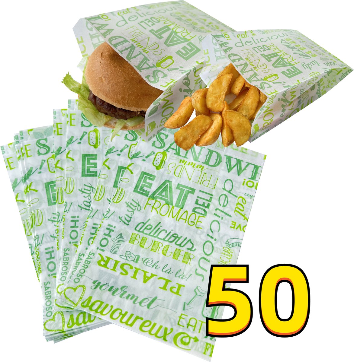 Rainbecom - 50 Stuks - Hamburger Zakje Papier - Vetvrij Papier - Papieren Zak voor Sandwiches - Groen