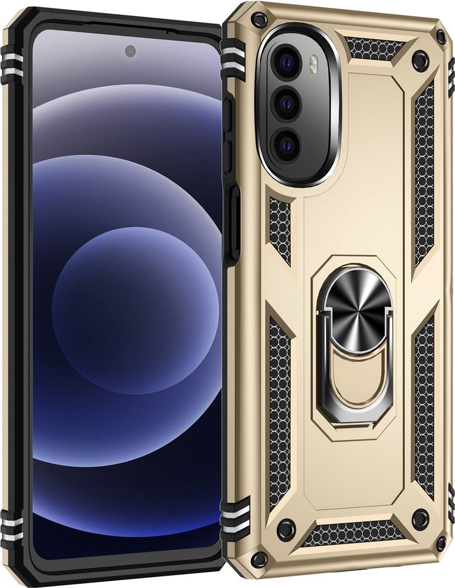 Mobigear Hoesje geschikt voor Motorola Moto G82 Telefoonhoesje Hardcase | Mobigear Armor Ring Backcover Shockproof met Ringhouder | Schokbestendig Moto G82 Telefoonhoesje | Anti Shock Proof - Goud