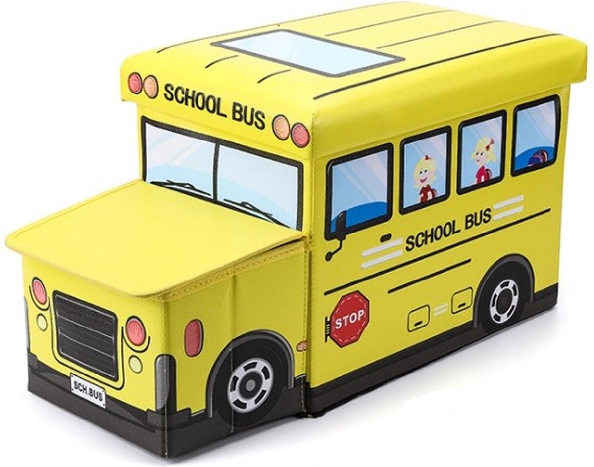 MONOO Speelgoedkist met Deksel - Schoolbus - Opbergbox en Poef in één - Opvouwbaar - Sorteervakken - Speelgoed - Opbergruimte