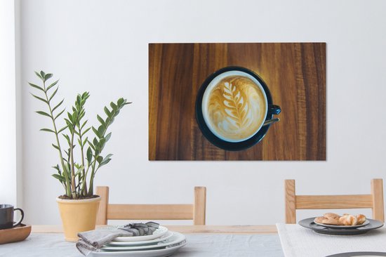 Canvas Schilderij Koffie - Tafel - Hout - 60x40 cm - Wanddecoratie