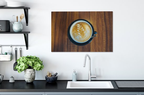 Canvas Schilderij Koffie - Tafel - Hout - 60x40 cm - Wanddecoratie