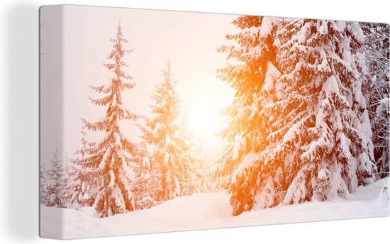 Canvas schilderij 160x80 cm - Wanddecoratie Zon - Bomen - Sneeuw - Muurdecoratie woonkamer - Slaapkamer decoratie - Kamer accessoires - Schilderijen - Kerstdecoratie voor Binnen - Kerstdecoratie Woonkamer - Kerstdecoratie in Huis