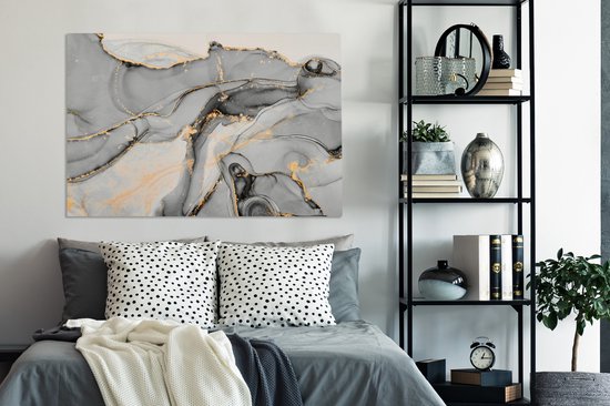 Toile Peinture Marbre - Goud - Grijs - 140x90 cm - Décoration murale