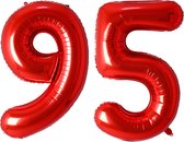 Folie Ballon Cijfer 95 Jaar Rood Verjaardag Versiering Helium Cijfer Ballonnen Feest versiering Met Rietje - 86Cm