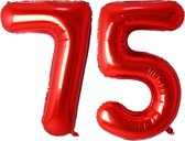 Folie Ballon Cijfer 75 Jaar Rood Verjaardag Versiering Helium Cijfer Ballonnen Feest versiering Met Rietje - 86Cm