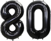 Folie Ballon Cijfer 80 Jaar Zwart Verjaardag Versiering Helium Cijfer Ballonnen Feest versiering Met Rietje - 86Cm