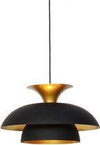Zwarte hanglamp met een gouden binnenkant en drie lagen, een smalle top en een brede onderkant.
