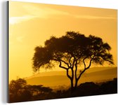 Wanddecoratie Metaal - Aluminium Schilderij Industrieel - Gele lucht boven het Nationaal park Serengeti in Tanzania - 150x100 cm - Dibond - Foto op aluminium - Industriële muurdecoratie - Voor de woonkamer/slaapkamer