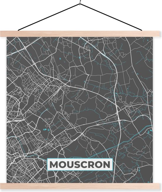 Posterhanger incl. Poster - Schoolplaat - Plattegrond – Mouscron – Blauw – Stadskaart - Kaart - België - 120x120 cm - Blanke latten