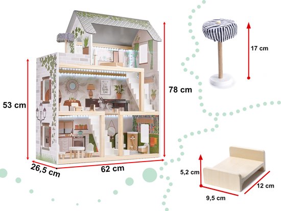 Gedetailleerde afmetingen van het houten poppenhuis en enkele meubels.