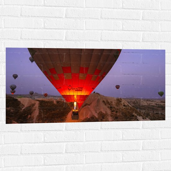 WallClassics - Muursticker - Luchtballonnen bij Bergen - 100x50 cm Foto op Muursticker