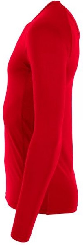 Vue latérale d'un t-shirt rouge à manches longues et raglan.