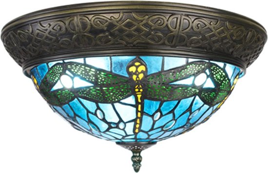 Plafondlamp Tiffany Ø 38 cm Blauw Bruin Kunststof Glas Rond Plafonniere Glas in Lood