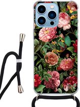 Hoesje met koord - Geschikt voor iPhone 13 Pro - Rode bloemen - Verstelbaar zwart koord - Transparant - Bloemen - Leuke Telefoonhoesjes