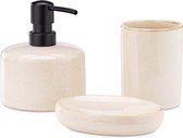 Navaris Badkamer accessoires set 3-delig - Badkamerset met zeepdispenser, tandenborstelbeker en zeepbakje - Toiletaccessoires set zandkleur - Keramiek