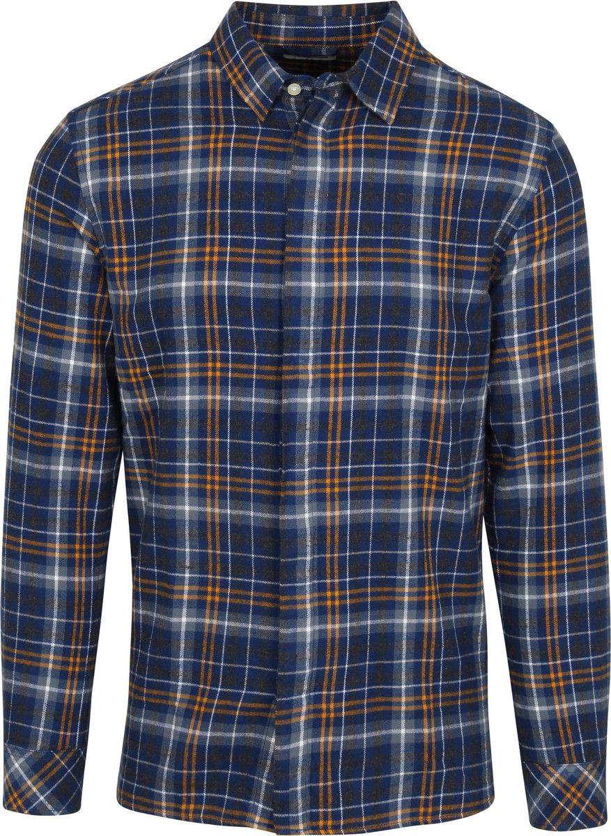 KnowledgeCotton Apparel - Flanel Overhemd Donkerblauw Geruit - Maat XL - Regular-fit