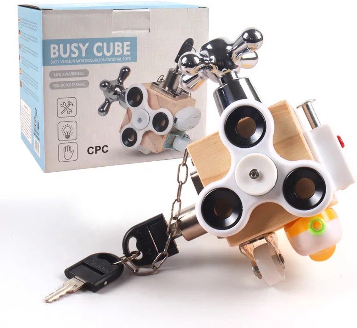 EverToys Busy Cube - Motoriek kubus - Woods - fidget cube - educatief speelgoed - houten speelgoed - fidget toys - Sleutel - Merkloos