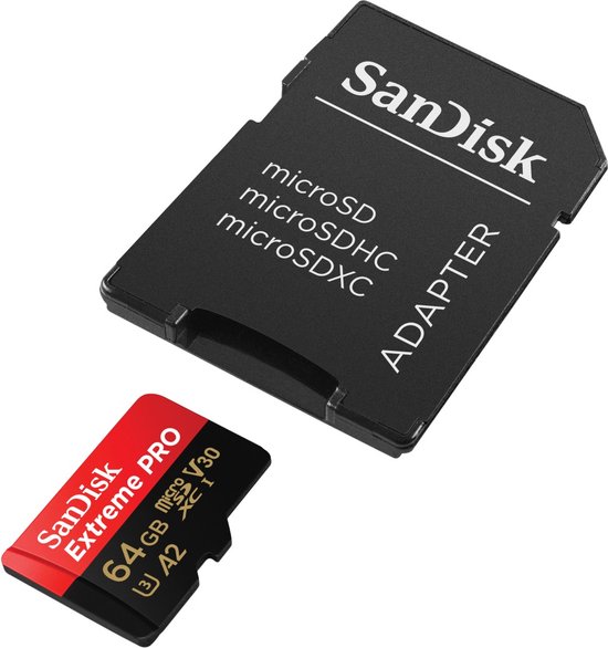SanDisk microSDXC 64GB geheugenkaart met adapter. Rode en zwarte kaart.