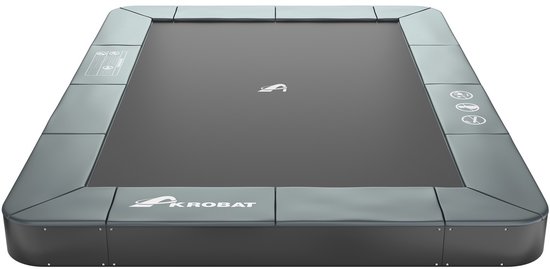 Akrobat trampoline op een witte achtergrond, grijs frame en zwarte springmat.