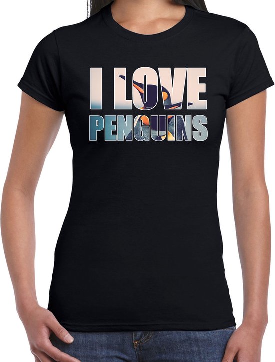 Tee shirt texte j'aime les pingouins avec animaux photo d'un pingouin noir pour femme - cadeau t-shirt pingouins amoureux XS