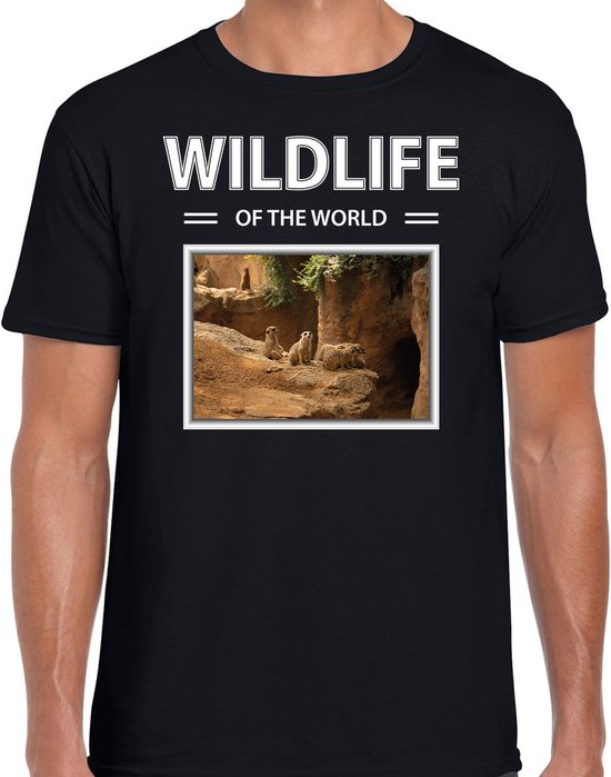 Dieren foto t-shirt Stokstaartje - zwart - heren - wildlife of the world - cadeau shirt Stokstaartjes liefhebber L
