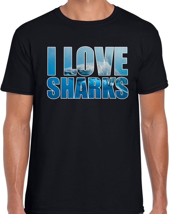 Tekst shirt I love sharks met dieren foto van een haai zwart voor heren - cadeau t-shirt haaien liefhebber M