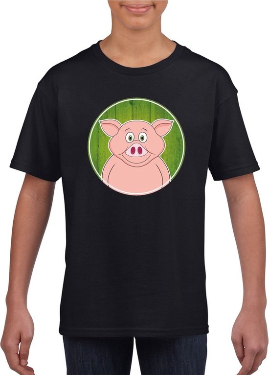 Kinder t-shirt zwart met vrolijke varken print - varkens shirt - kinderkleding / kleding 110/116