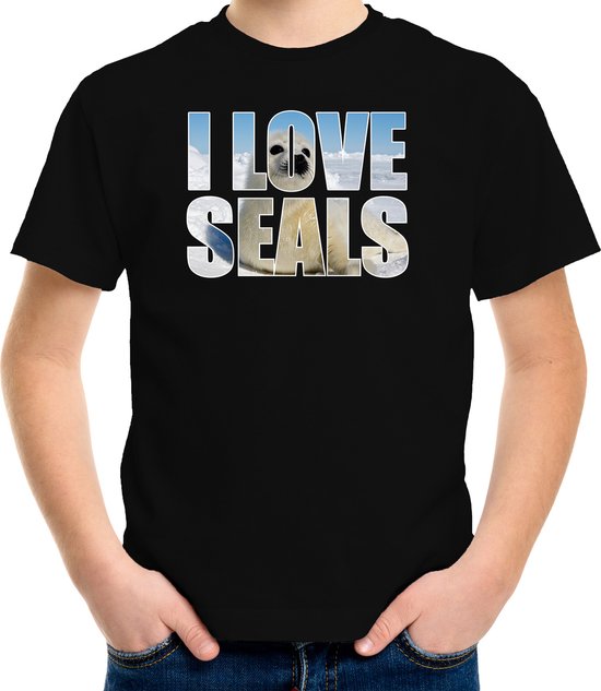 Tekst shirt I love seals met dieren foto van een zeehond zwart voor kinderen - cadeau t-shirt zeehonden liefhebber - kinderkleding / kleding 158/164