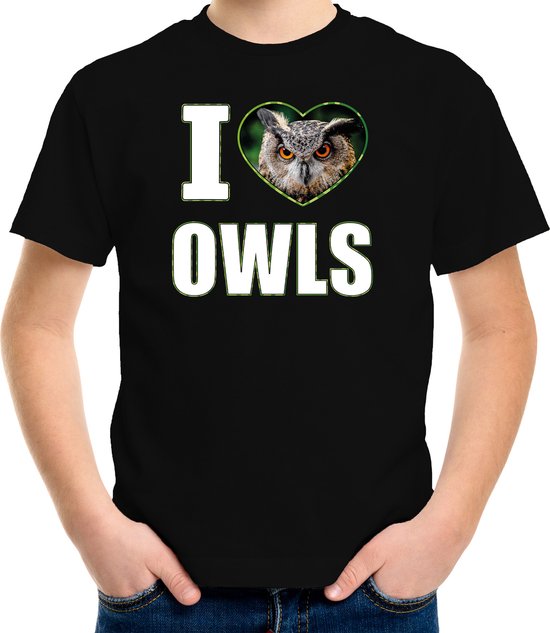 I love owls t-shirt met dieren foto van een uil zwart voor kinderen - cadeau shirt uilen liefhebber - kinderkleding / kleding 122/128