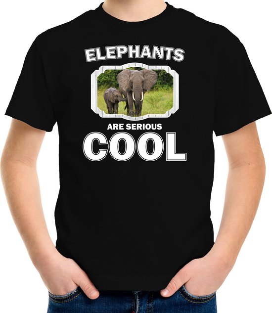 Dieren olifant met kalf t-shirt zwart kinderen - elephants are serious cool shirt - cadeau shirt olifant/ olifanten liefhebber - kinderkleding / kleding 146/152