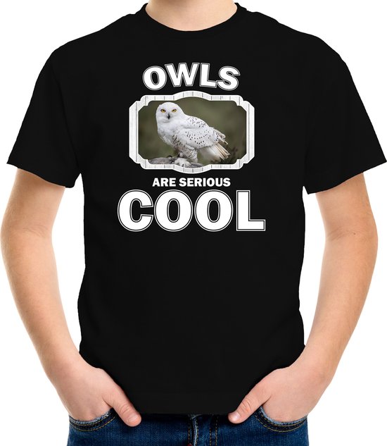 Dieren uilen t-shirt zwart kinderen - owls are serious cool shirt  jongens/ meisjes - cadeau shirt sneeuwuil/ uilen liefhebber - kinderkleding / kleding 134/140