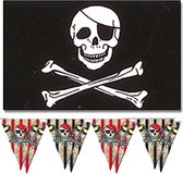 Piraten feestje/verjaardag versiering set 2x vlaggenlijnen en 1x piratenvlag 90 x 150 cm