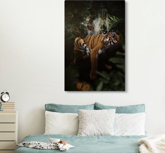 Toile - Nature - Papillon - Tigre - Jungle - Décoration murale - 120x180 cm - Intérieur toile