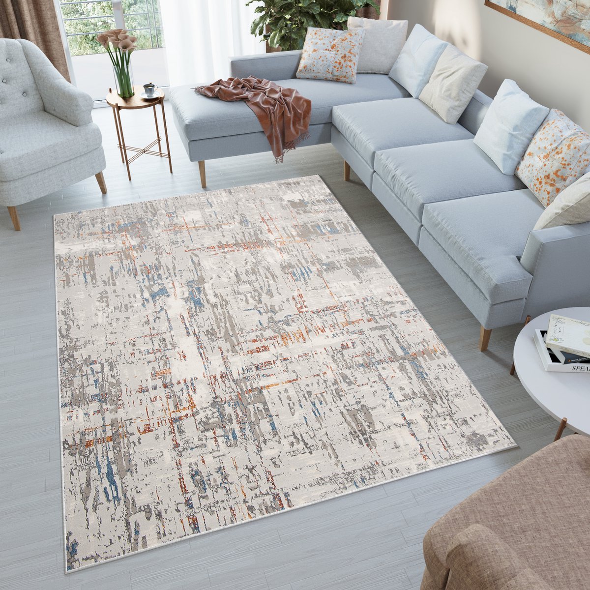Tapiso Venezia Vloerkleed Woonkamer Laagpolig Tapijt Maat- 80x150 Beige Grijs Oranje Blauw