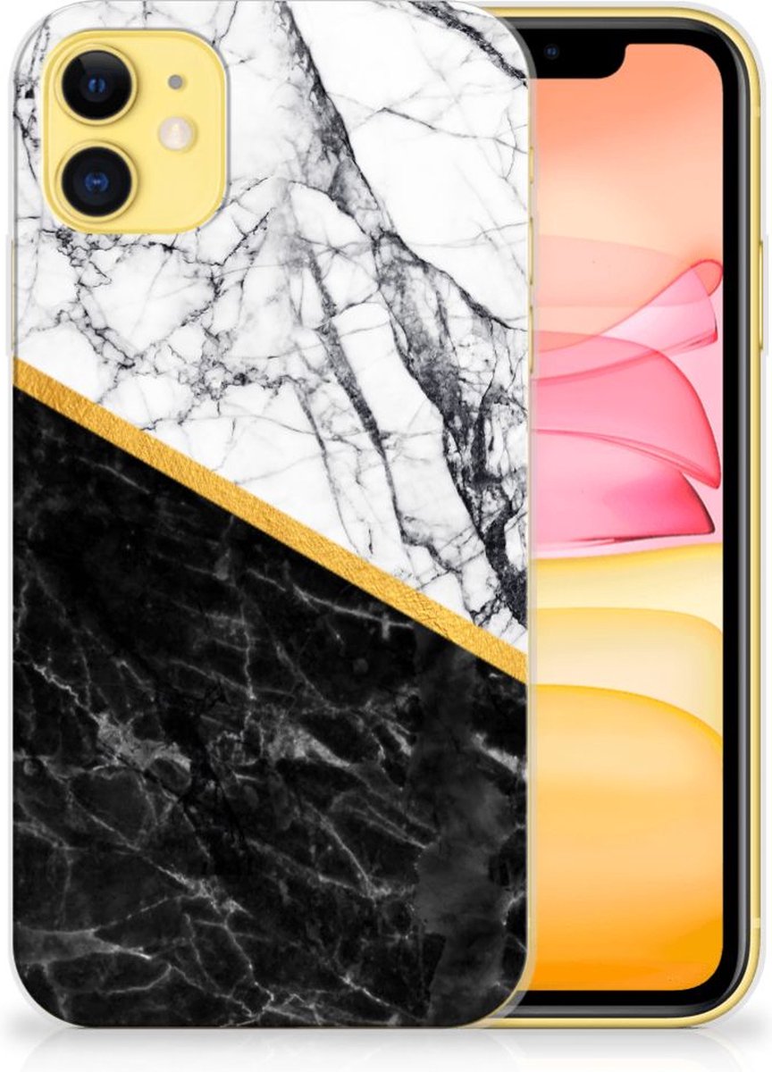 Apple iPhone 11 TPU Siliconen Hoesje Marmer Wit Zwart - Origineel Cadeau Man
