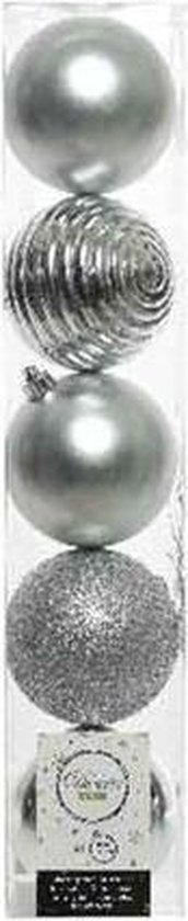 5x Zilveren kunststof kerstballen 8 cm - Mix - Onbreekbare plastic kerstballen - Kerstboomversiering zilver