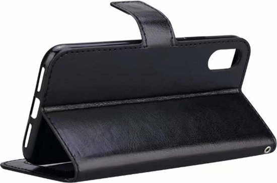 Coque noire de type portefeuille pour iPhone X/Xs, ouverte en mode support, avec porte-cartes.