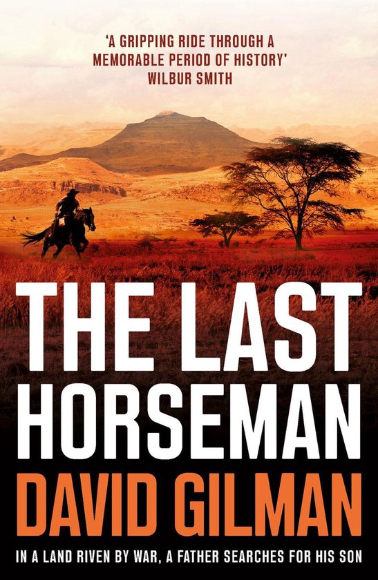 Boekomslag van The Last Horseman met een ruiter te paard in een savanne landschap.