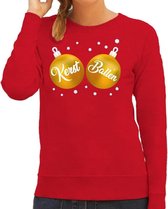 Foute kersttrui / sweater rood met gouden Kerst Ballen borsten voor dames - kerstkleding / christmas outfit S (36)