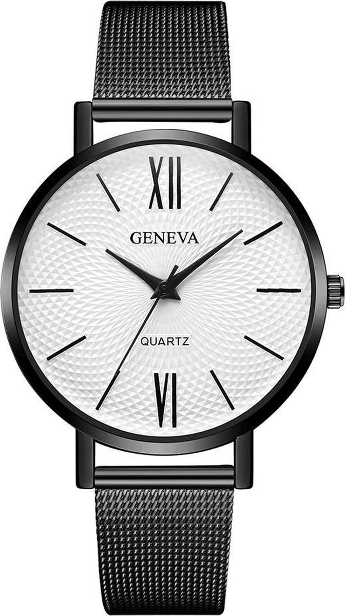 Geneva Roman Mesh Horloge - Zwart - Staal - Ø 38 mm