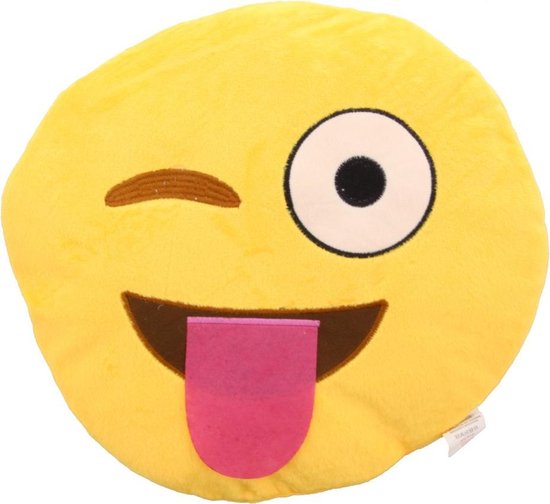 Emoji smiley met knipoog en tong uit de mond emoticon kussentje 35cm