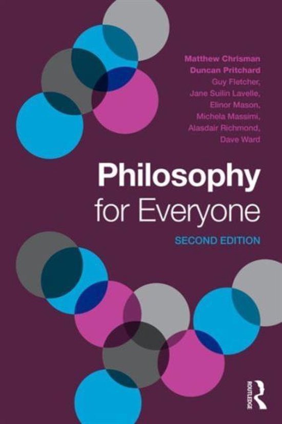 Boek met de titel 'Philosophy for Everyone', tweede editie, met cirkels in blauw, roze en grijs op een paarse achtergrond.