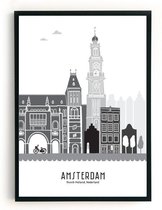 Skyline-Poster Amsterdam zwart-wit in Kunststof Fotolijst