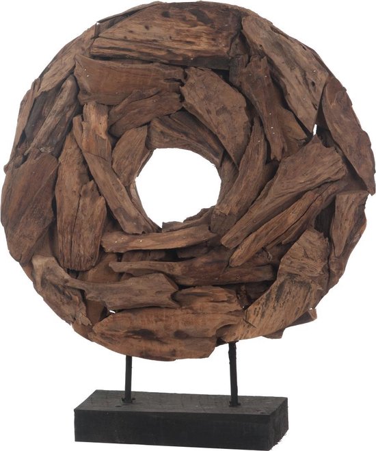 Circkel Ornament op Voet - Erosie Teakhout - Naturel - 39x10x51cm