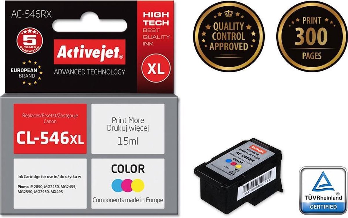 ActiveJet AC-546RX-inkt voor Canon-printer; Canon CL-546 XL-vervanging; Premie; 15 ml; kleur.